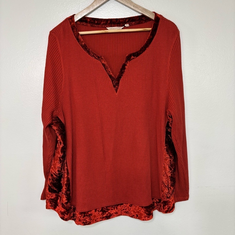 Soft Surroundings Women's Red Orange Velvet Trim Waffle Knit Pull Over Top 2X